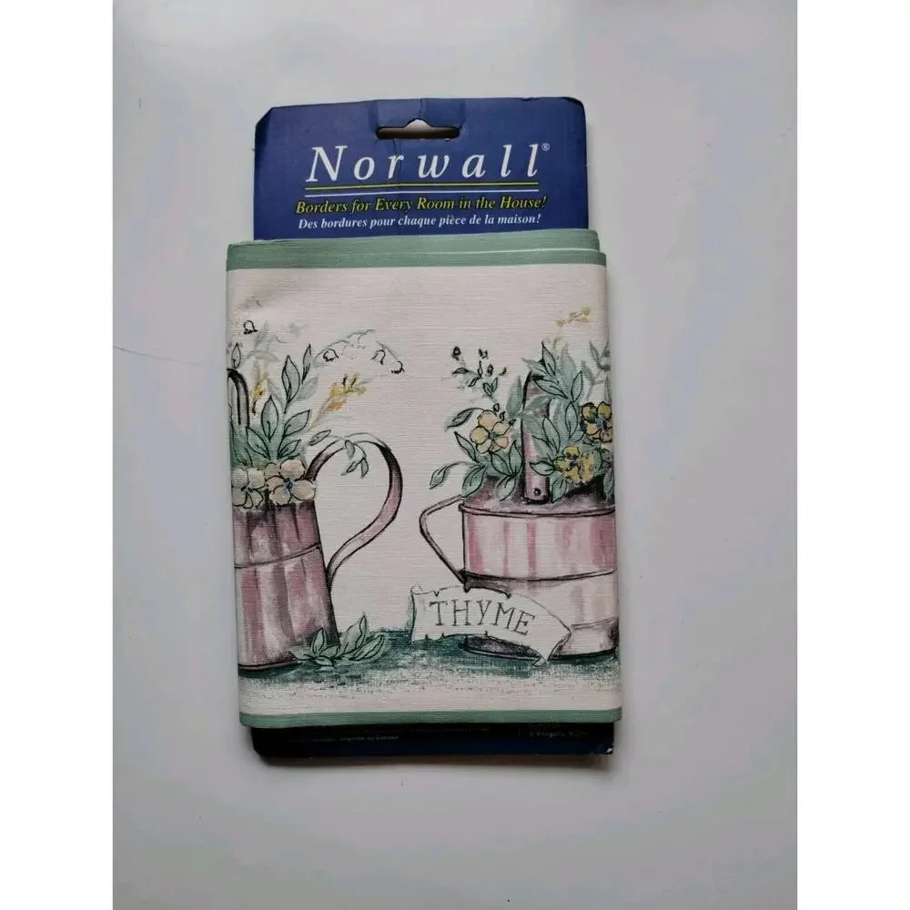Norwall Decorative Wall Border - Potted Flowers Tin Watering Cans - 5 yds